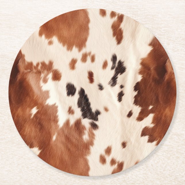 White Brown Cowhide Animal Print Round Paper Coaster (Front)
