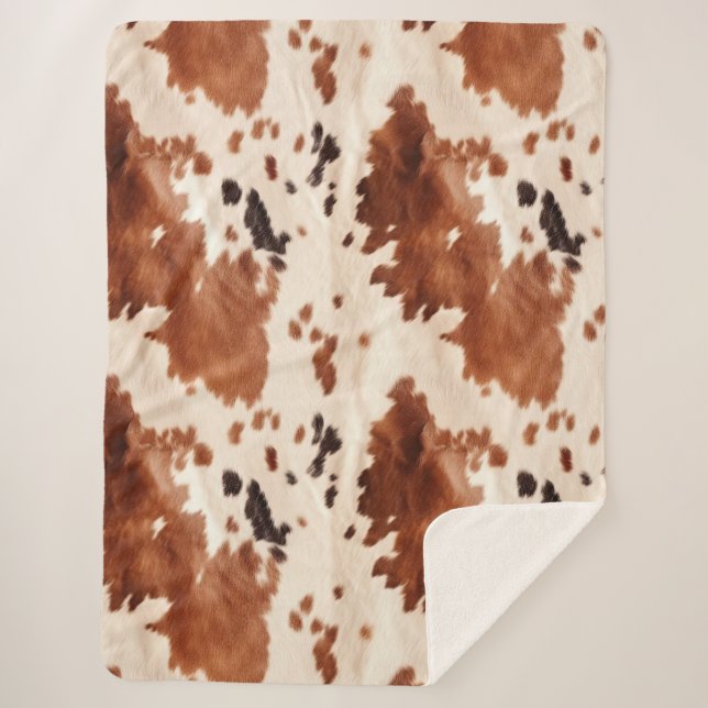 White Brown Cowhide Animal Print Sherpa Blanket (Front)