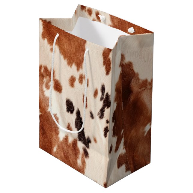 White Brown Cowhide Medium Gift Bag (Front Angled)