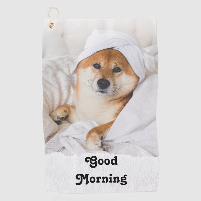 White Brown Cute Dog Good Morning Golf Towels (Front)