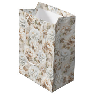 White Brown Flowers Bridal Shower Medium Gift Bag