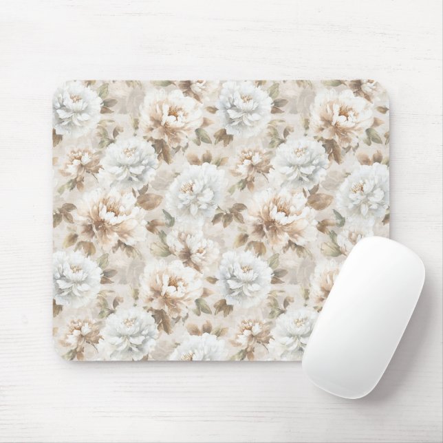 White Brown Flowers Mouse Mat (With Mouse)