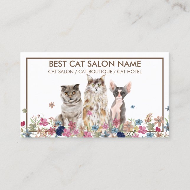 White Brown Framed Flower Pet Cat Business Card (Front)