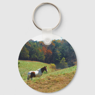 White & Brown horse, Autumn pond Key Ring