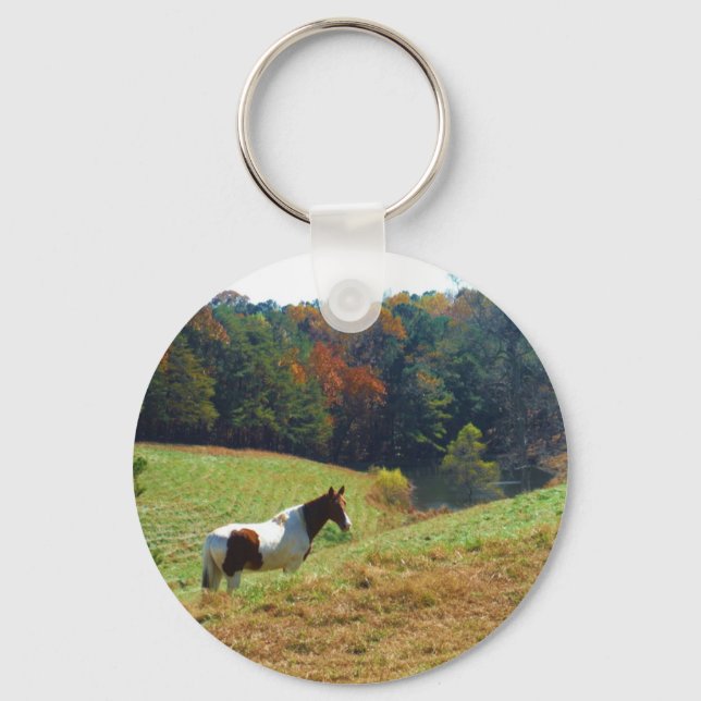 White & Brown horse, Autumn pond Key Ring (Front)