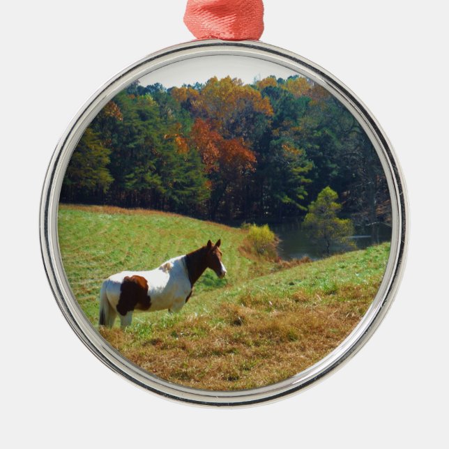 White & Brown horse, Autumn pond Metal Tree Decoration (Front)