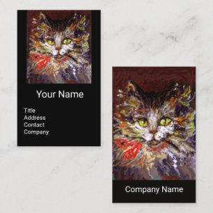 WHITE BROWN KITTY CAT PORTRAIT,RED RIBBON Black Business Card