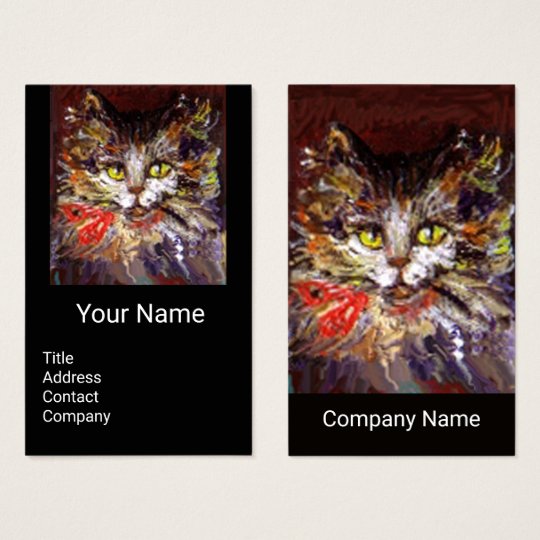 WHITE BROWN KITTY CAT PORTRAIT,RED RIBBON Black Business Card