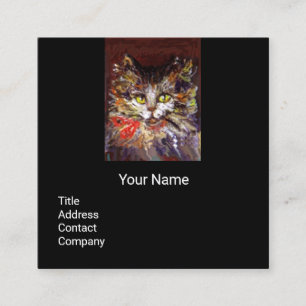 WHITE BROWN KITTY CAT PORTRAIT,RED RIBBON Black Square Business Card