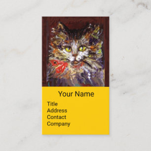 WHITE BROWN KITTY CAT PORTRAIT,RED RIBBON Yellow Business Card