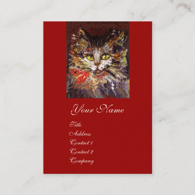 WHITE BROWN KITTY CAT PORTRAIT WITH RED RIBBON BUSINESS CARD (Front)