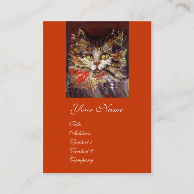 WHITE BROWN KITTY CAT PORTRAIT WITH RED RIBBON BUSINESS CARD (Front)