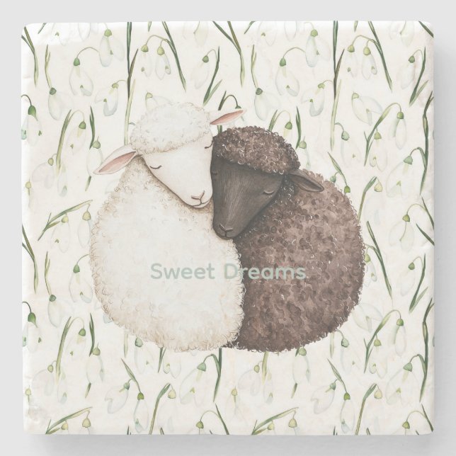 White Brown Sheep Flowers  Stone Coaster (Front)