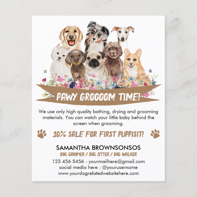 White Brown Simple Floral Illustrated Dog groomer Flyer (Front)