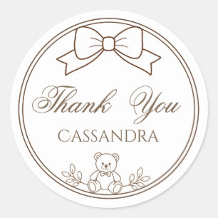 White Brown Teddy Bear Bow  Thank You add Name Classic Round Sticker
