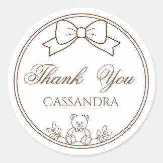 White Brown Teddy Bear Bow  Thank You add Name Classic Round Sticker