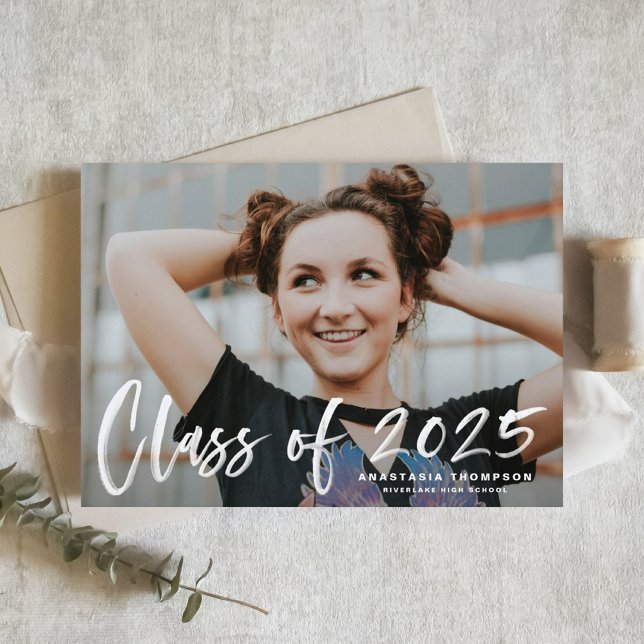 White Brush Calligraphy Class of 2025 Graduation Postcard (Customizable Class of 2025 photo Graduation Announcement Postcard featuring brush lettering overlay)