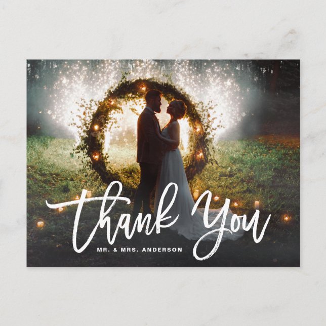 White Brush Calligraphy Script Wedding Thank You Postcard (Front)