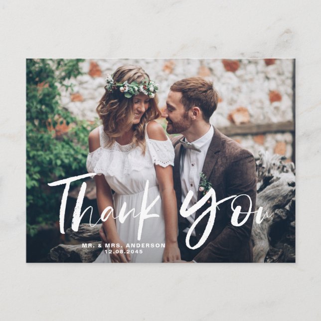 White Brush Hand Lettered Photo Wedding Thank You Postcard (Front)