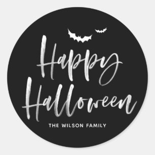 White Brush Lettering Happy Halloween   Thank You Classic Round Sticker