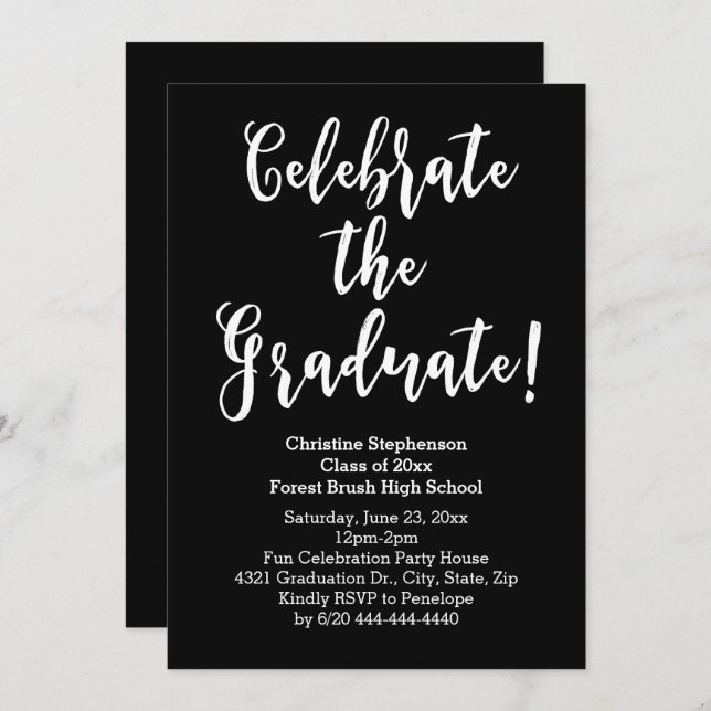 White Brush Script Celebrate Graduation Party Invitation (Front/Back)