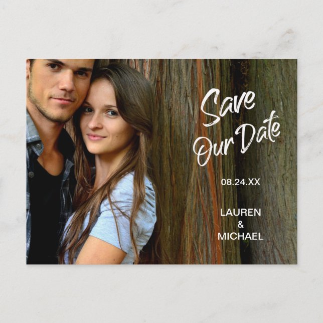 White Brush Script Save the Date Wedding Postcard (Front)