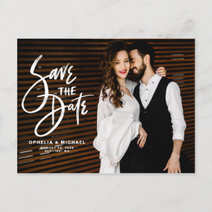 White Brush Script Typography Photo Save the Date Announcement Postcard