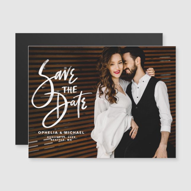 White Brush Script Typography Save the Date Photo Magnetic Invitation (Front/Back)