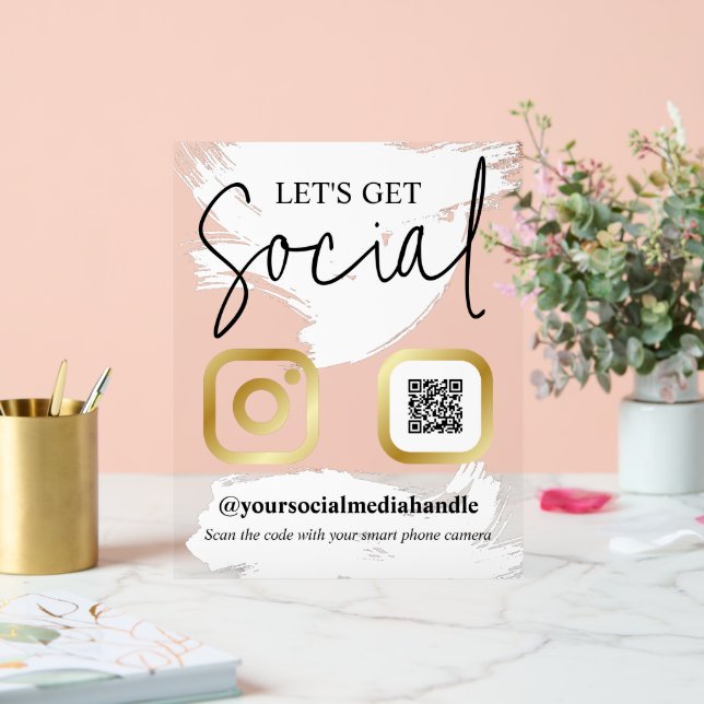 White Brushstrokes Faux Gold Let's Get Social Acrylic Sign (Wedding)