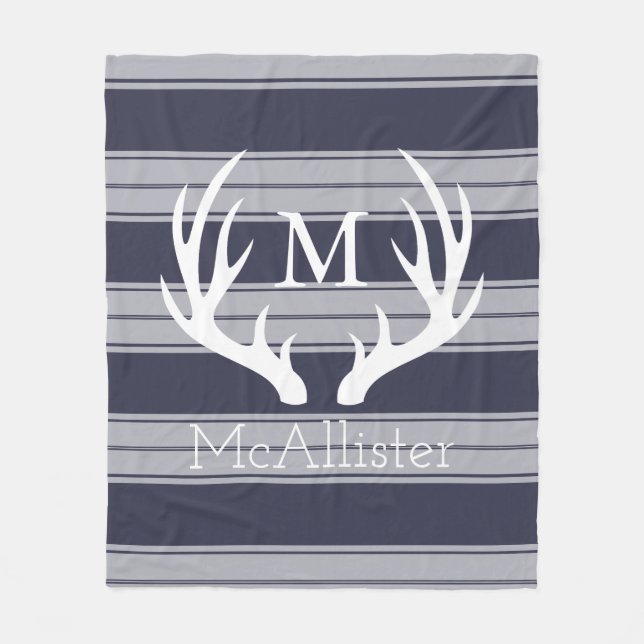 White Buck Antlers Grey Stripes Family Name Fleece Blanket (Front)