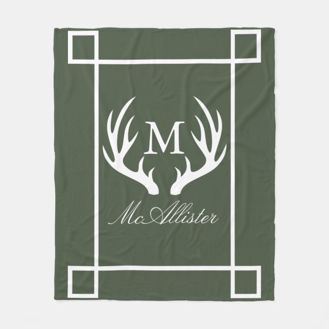 White Buck Antlers White Frame Family Name Fleece Blanket (Front)