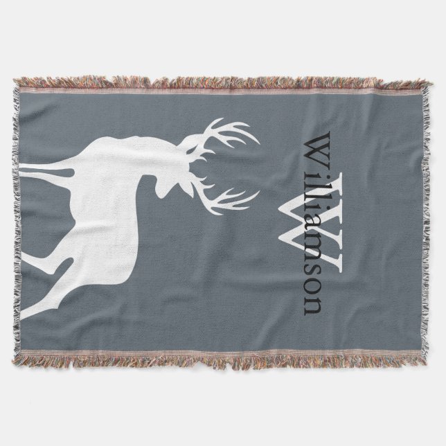 White Buck Silhouette Family Name & Monogram Throw Blanket (Front)