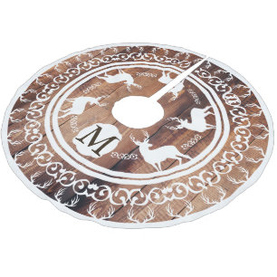 White Bucks Antlers Dark Wooden Planks Monogrammed Brushed Polyester Tree Skirt