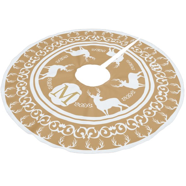 White Bucks Antlers Gold Monogrammed Brushed Polyester Tree Skirt (Angled)