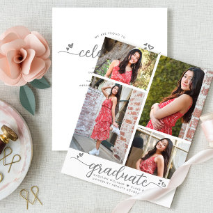 White Budget Graduation 4 Photo Grey Script Invite