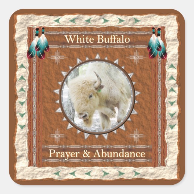 White Buffalo Abundance Energy Square Sticker (Front)