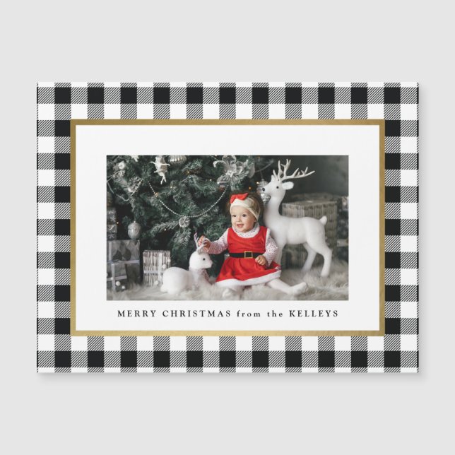  White Buffalo Plaid Photo Magnet Holiday Card (Front)