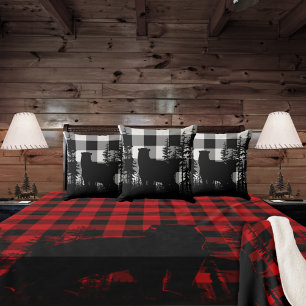 White Buffalo Plaid Woodland Pine Forest Bear Cushion