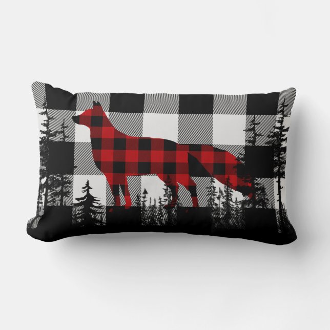 White Buffalo Plaid Woodland Pine Forest Red Fox Lumbar Cushion (Front)