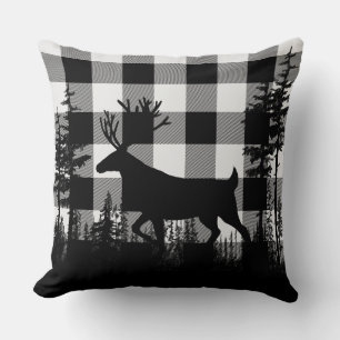 White Buffalo Plaid Woodland Pine Forest Stag Cushion