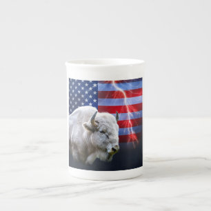 White Buffalo With An American Flag And Lightning  Bone China Mug
