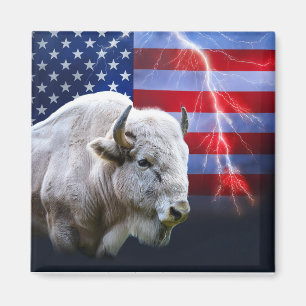 White Buffalo With An American Flag And Lightning Magnet