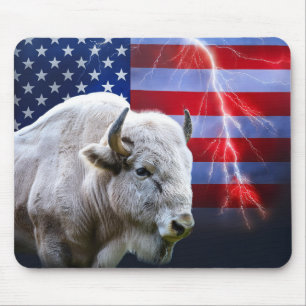 White Buffalo With An American Flag And Lightning  Mouse Mat