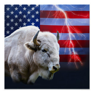 White Buffalo With An American Flag And Lightning Poster