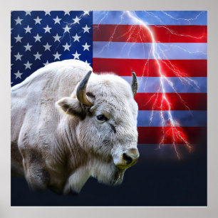 White Buffalo With An American Flag And Lightning Poster