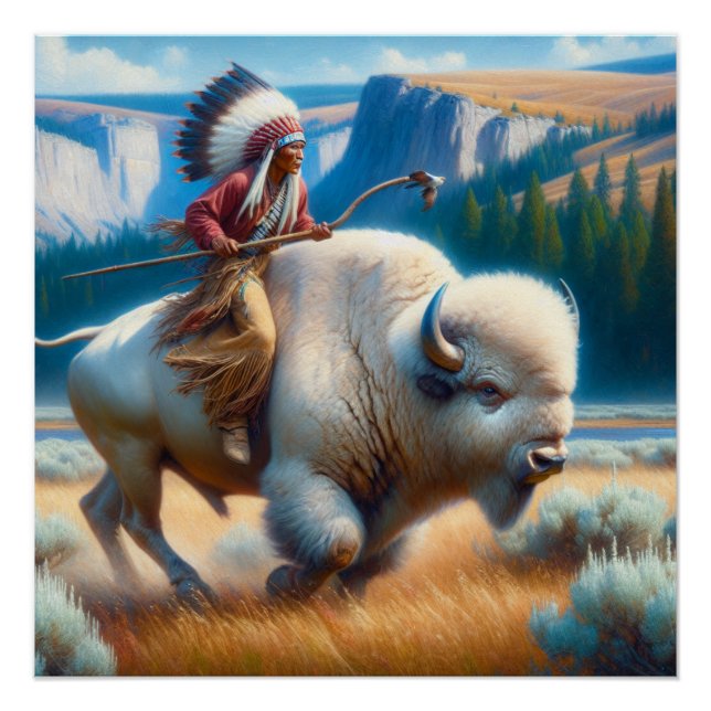 White Buffalo Yellowstone Park With Indian Art Poster (Front)