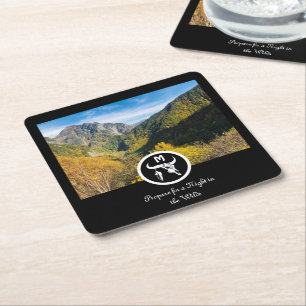 White Bull Skull Silhouette Monogram Photo Square Paper Coaster