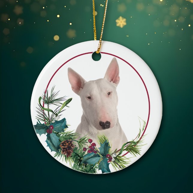 White Bull Terrier Dog Evergreen Berry Wreath Ceramic Tree Decoration (Creator Uploaded)
