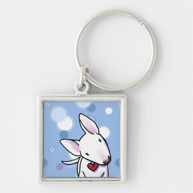 White Bull Terrier on Blue Dots Keychain (Front)