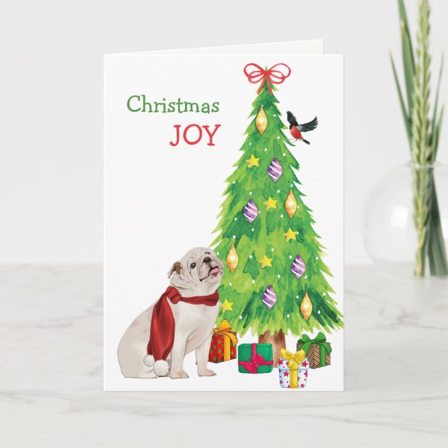 White Bulldog, Bird, and Christmas Tree Holiday Card (Front)